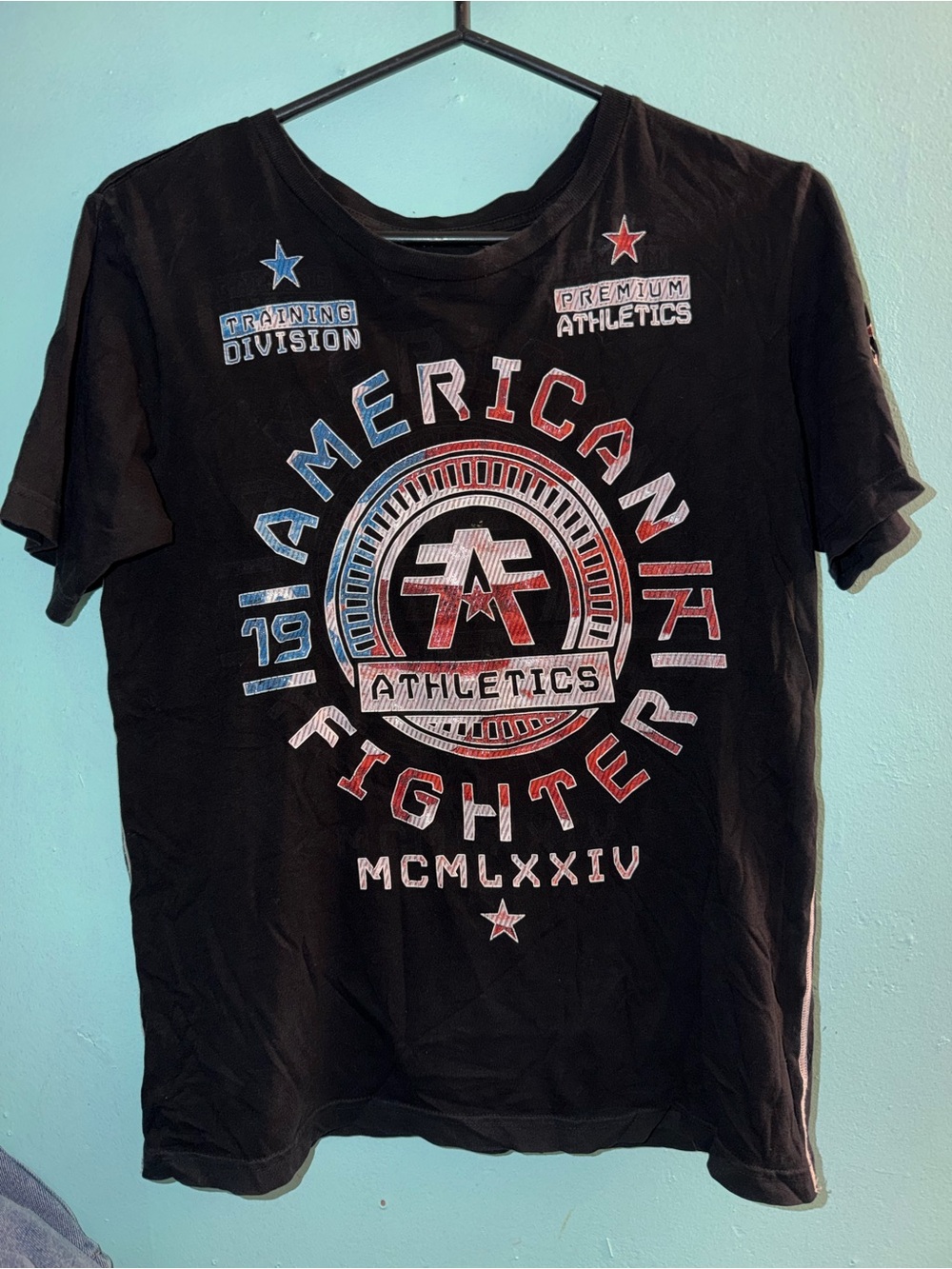American Fighter Black Tee with Red & Blue Graphic